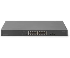 Šakotuvas Digitus 16 portų gigabitinio tinklo komutatorius, 19 colių, nevaldomas, 2 uplink prievadai, SFP, nevaldomas, Gigabit Ethernet (10/100/1000), visiškas dvipusis režimas, Power over Ethernet (PoE), montavimas į stelažą, 1U