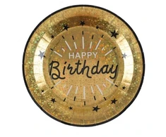 Santex Auksiniai blizgūs „Happy Birthday“ popieriniai lėkštės