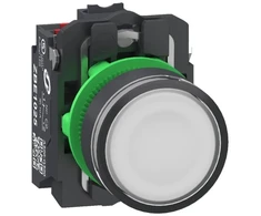 Schneider Electric Harmony mygtuko lempos modulis, pilnas plastikinis su LED ir plokščiu aktuatoriumi su spyruokliniu grąžinimu, baltas 24VAC/DC
