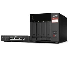 Serveris QNAP TS-473A + QSW-1105-5T Bundle Pack NAS Tower Ryzen Embedded V1500B 8 GB DDR4 0 TB QNAP Turbo System Juodas