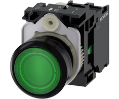Siemens Mygtukas su apšvietimu, 22 mm, apvalus, plastikinis, žalias, mygtukinis, plokščias, su momentiniu kontaktu, su laikikliu, 1 NO, modulinis (3SU1102-0AB40-1BA0)