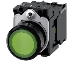 Siemens mygtukas su pašvietimu, 22 mm, apvalus, plastikinis, žalias, mygtukas, plokščias, su zestego contactem momentinis, su laikikliu, 1 NO, modu