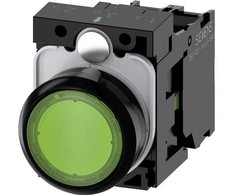 Siemens mygtukas su pašvietimu, 22 mm, apvalus, plastikinis, žalias, mygtukas, plokščias, su zestego contactem momentinis, su laikikliu, 1 NO, modu