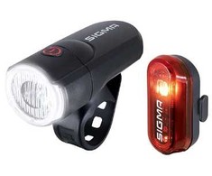 Sigma „Sport Aura 30“ + „Curve“ komplektas, galinis apšvietimas + priekinis apšvietimas (komplektas), juodas, IPX4, LED, raudona/balta, mirksinti šviesa, nuolatinė šviesa