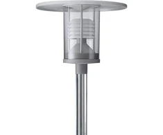 Signify PHILIPS Grandeville LED parko šviestuvas 830, balta lamelinė uždanga, Ø250 mm, Ø60/70 mm stiebui, aliuminis, be. Pilkas šviestuvo gaubtas Ø600 mm.