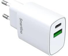 SMARTLINE Sieninis įkroviklis USB-C/USB-A PD 20W/QC 18W, baltas