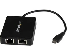 StarTech.com USB-C į dvigubą gigabito eterneto adapteris su USB (A tipo) prievadu, laidinis, RJ-45, USB, 5000 Mbit/s, juodas