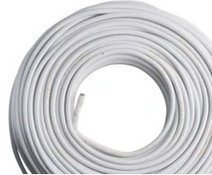 Thorkild Larsen E-line plastikinis apvalkalas 2x0,75 - H03VV-F, baltas apvalus išorinis sriegis, 100 m ritė susitraukiančiame plastike