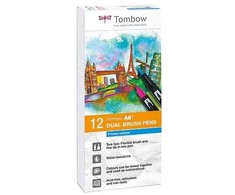 Tombow TwinTone Pastels, 12 vnt., juoda, mėlyna, ruda, žydra, žalia, oranžinė, rožinė, raudona, violetinė, geltona, plonuapvalus antgalis, daugiaspalvė, apvali, blisteris
