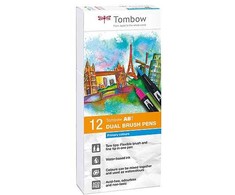 Tombow TwinTone Pastels, 12 vnt., juoda, mėlyna, ruda, žydra, žalia, oranžinė, rožinė, raudona, violetinė, geltona, plonuapvalus antgalis, daugiaspalvė, apvali, blisteris
