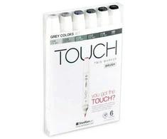 Touch Teptuko formos žymeklis, 6 vnt. pilkų spalvų, teptukas + vidutinio kampuotas galiukas