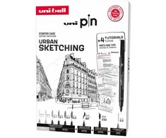 UNIBALL Uni Pin Urban Sketching Box - Dovanų rinkinys su pratimais (sudėtyje 8x uni pin + 1 pieštukas 0,5 mm)