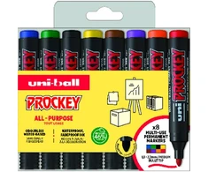 Uni-Ball Uni Prockey žymekliai, 8 vnt. rinkinys, apvaliais galiukais (juoda, raudona, mėlyna, žalia, geltona, ruda, oranžinė, violetinė), linijos 1,8–2,2 mm - Vandens pagrindo rašalas, Waterproff, Fadeproff, bekvapis rašalas