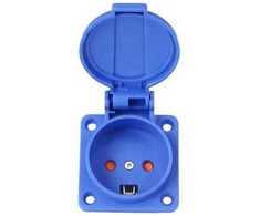 ELPERIUM įleidžiamas lizdas su atlenkiamu dangteliu, daniškas lizdas 16A 230V su įžeminimu IP54, flanšas 50x50 mm. Mėlynas poliamidas.