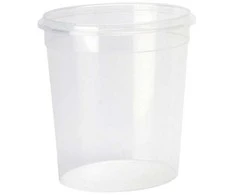 Usorteret Plastikinis kibiras, su rankena užrakinamas, apvalus, Ø 118, aukštis 144 psl., permatomas, dėžutėje 180 rinkinių. Tinka maistui.