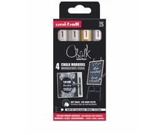 Uni - Chalk Marker PWE-5M, set of 4 markers - auksinis, sidabrinis &amp; 2 x baltas (401579)