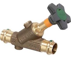 Viega „Easytop“ kampinis balninis vožtuvas, pagamintas iš pistoleto metalo, su slėgio jungtimi 54 mm V formos žandikauliams. Su SC-Contur.