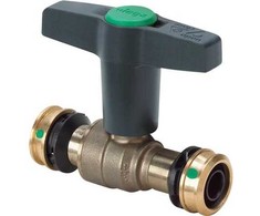 VIEGA Raxofix Easytop rutulinis ventilis. Vožtuvo korpusas pagamintas iš silicio bronzos. 20 mm Raxofix slėgio jungtis. Aukšta plastikinė T formos rankenėlė.