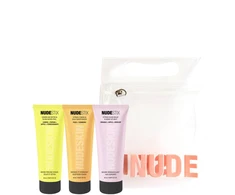 Trijų žingsnių citrusinių vaisių atsinaujinimo rinkinys „Nudestix“: „Lemon-Aid Detox &amp; Glow“ be parabenų šveičiamasis losjonas nuo papilkėjimo, 20 ml + „Nudeskin Citrus-C“ drėkinamoji kreminė veido kaukė, 20 ml + „Nudeskin Citrus“ valomasis balzamas veidui, 20 ml
