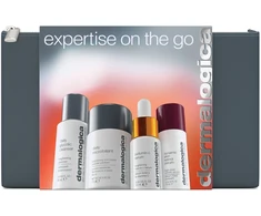 „Expertise On The Go“ rinkinys „Dermalogica“: kasdienis glikolinis valomasis veido gelis, 30 ml + kasdieniai mikrofoliant šveičiamieji šveičiamieji milteliai, 13 g + „Biolumin-C“ vitamino C skaistinamasis serumas veidui, 10 ml + „Dynamic Skin Retinol“ raukšles slopinantis serumas veidui.