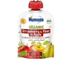 Humana Bio obuolių tyrė su kriaušėmis ir braškėmis , 90g