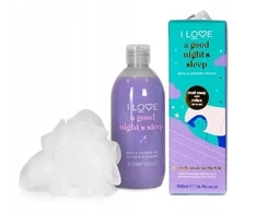 Rinkinys „I Love“: drėkinamasis dušo želė „A Good Night's Sleep“ visiems odos tipams, 500 ml + „I Love“ kūno kempinėlė