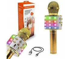 Belaidis karaoke mikrofonas–kolonėlė vaikams su LED apšvietimu, auksinis „Manta“