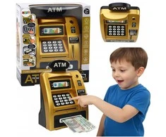 Interaktyvi vaikiška ATM tipo taupyklė–seifas su PIN kodu, aukso–juodos spalvos