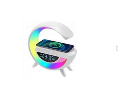 Išmanioji LED lempa su QI įkrovikliu, Bluetooth garsiakalbiu, radijas ir laikrodžiu.