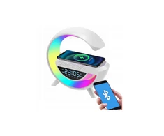 Išmanioji LED lempa su QI įkrovikliu, Bluetooth garsiakalbiu, radijas ir laikrodžiu.