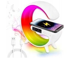 LED RGB naktinė lempa su „Bluetooth“ kolonėle ir QI belaidžiu įkrovikliu