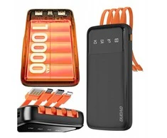 Powerbank 10000 mAh – su integruotais USB, USB-C, Lightning laidais ir LED ekranu