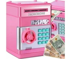 Vaikiška taupyklė–seifas ATM su prieigos kodu, rožinė