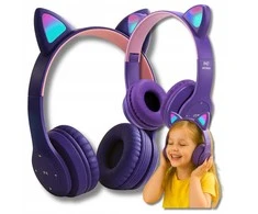 Vaikiškos belaidės Bluetooth on-ear ausinės su katės ausimis ir RGB LED