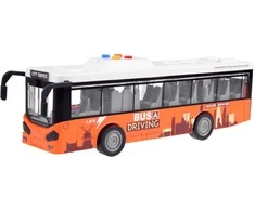Didelis autobusas su garsais ir šviesomis, oranžinis