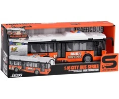 Didelis autobusas su garsais ir šviesomis, oranžinis