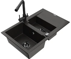 Granitinė virtuvinė plautuvė Mexen Gaspar su maišytuvu ir sifonu, Metallic juodas/auksinis+Juodas