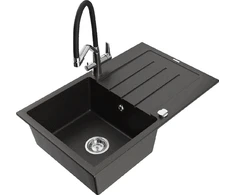 Granitinė virtuvinė plautuvė Mexen Bruno su maišytuvu ir sifonu, Metallic juodas/auksinis+Juodas/Chrome