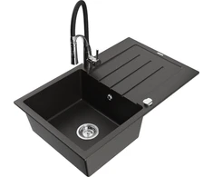 Granitinė virtuvinė plautuvė Mexen Bruno su maišytuvu ir sifonu, Metallic juodas/auksinis+Juodas/Chrome