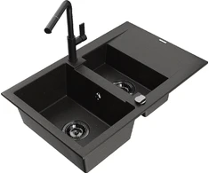 Granitinė virtuvinė plautuvė Mexen Gaspar su maišytuvu ir sifonu, Metallic juodas/auksinis+Juodas