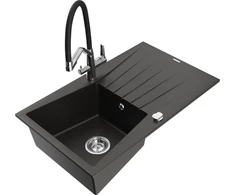 Granitinė virtuvinė plautuvė Mexen Cesar su maišytuvu ir sifonu, Metallic juodas/auksinis+Juodas/Chrome
