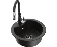 Granitinė virtuvinė plautuvė Mexen Diego su maišytuvu ir sifonu, Metallic juodas/auksinis+Juodas