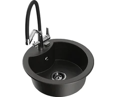 Granitinė virtuvinė plautuvė Mexen Diego su maišytuvu ir sifonu, Metallic juodas/auksinis+Juodas/Chrome