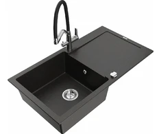 Granitinė virtuvinė plautuvė Mexen Leo su maišytuvu ir sifonu, Metallic juodas/auksinis+Juodas/Chrome
