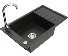 Granitinė virtuvinė plautuvė Mexen Elias su maišytuvu ir sifonu, Metallic juodas/auksinis+Chrome