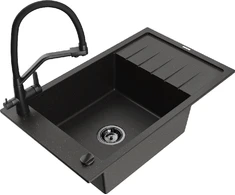 Granitinė virtuvinė plautuvė Mexen Elias su maišytuvu ir sifonu, Metallic juodas/auksinis+Juodas