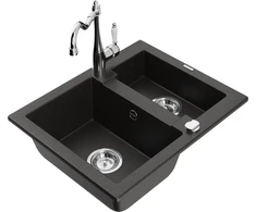 Granitinė virtuvinė plautuvė Mexen Carlos su maišytuvu ir sifonu, Metallic juodas/auksinis+Chrome