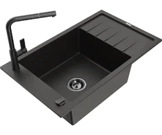 Granitinė virtuvinė plautuvė Mexen Elias su maišytuvu ir sifonu, Metallic juodas/auksinis+Juodas