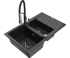 Granitinė virtuvinė plautuvė Mexen Gaspar su maišytuvu ir sifonu, Metallic juodas/auksinis+Juodas/Chrome