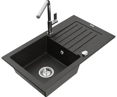 Granitinė virtuvinė plautuvė Mexen Pablo su maišytuvu ir sifonu, Metallic juodas/auksinis+Chrome